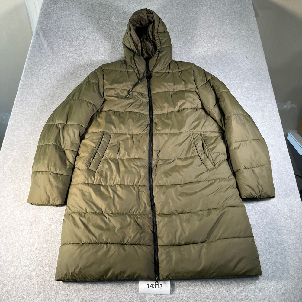 Fashion Nova Men Puffer Coat Large Olive Green Down Hooded Full Zip Winter Wear